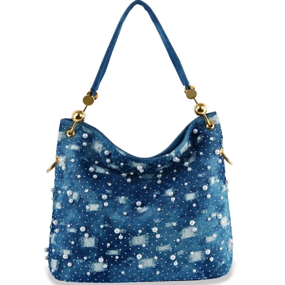Blue Denim Pearl Embellished Shoulder Bag - Picture 3 of 6